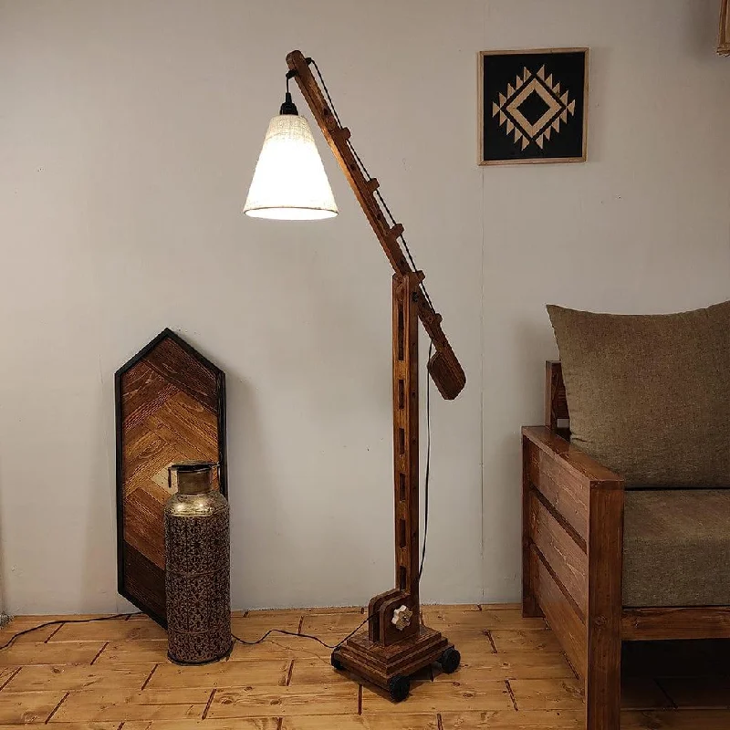 Angler Wooden Floor Lamp with Brown Base and Jute Fabric Lampshade (BULB NOT INCLUDED)