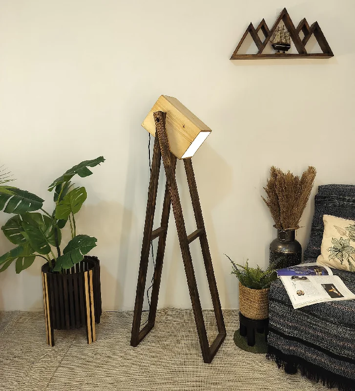 Focal Wooden Floor Lamp with Brown Base and Beige Wooden Lampshade (BULB NOT INCLUDED)