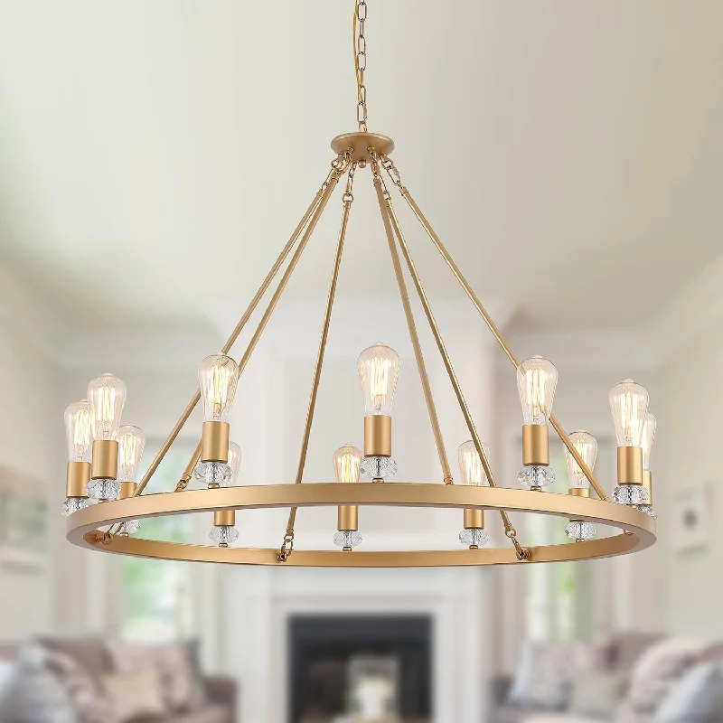 Large Modern Wagon Wheel Chandelier Gold Metal Round Luxury Industrial Country - $205