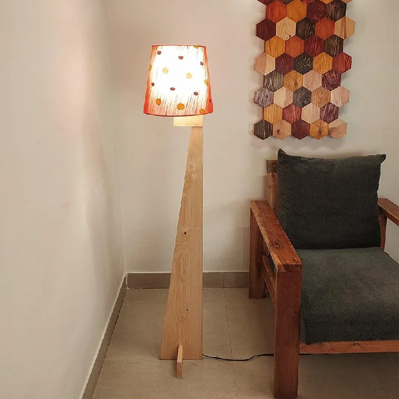 Trigo Wooden Floor Lamp with Beige Base and Red Printed Fabric Lampshade