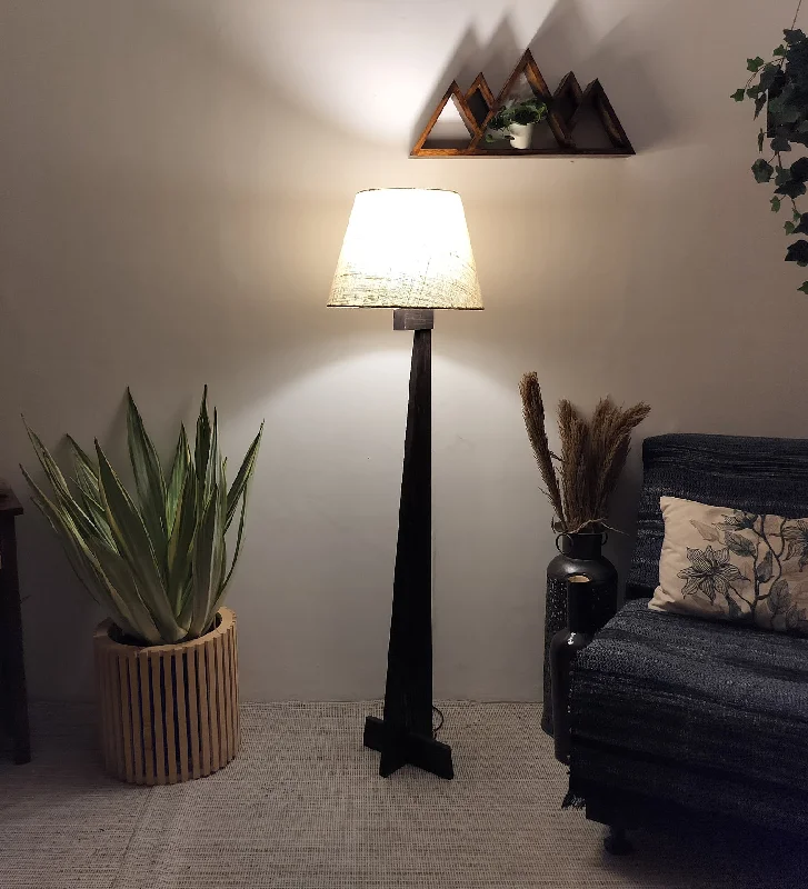 Trigo Wooden Floor Lamp with Brown Base and Yellow Printed Fabric Lampshade