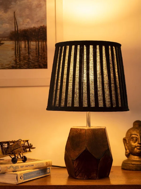 Wooden Hexa Lamp with Pleeted Cotton Black Shade