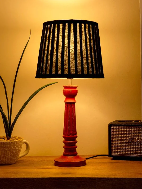 Wooden Pillar Pink lamp with pleeted Black Soft Shade