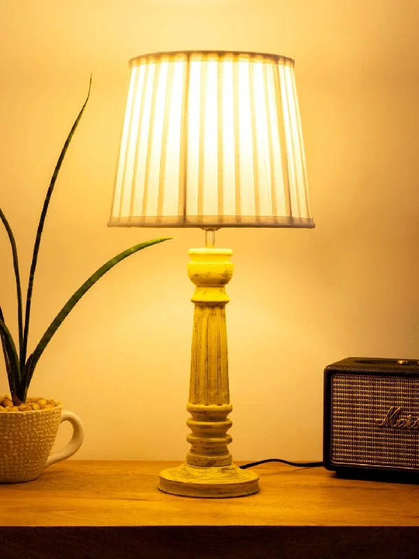 Wooden Pillar Yellow lamp with pleeted White Soft Shade