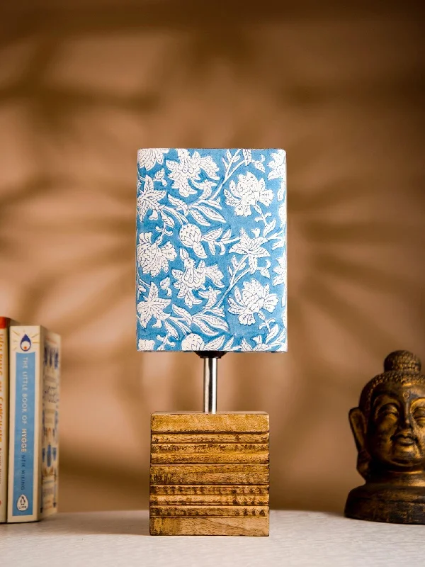 Wooden Stripped Cube Lamp with Colorful Blue Shade