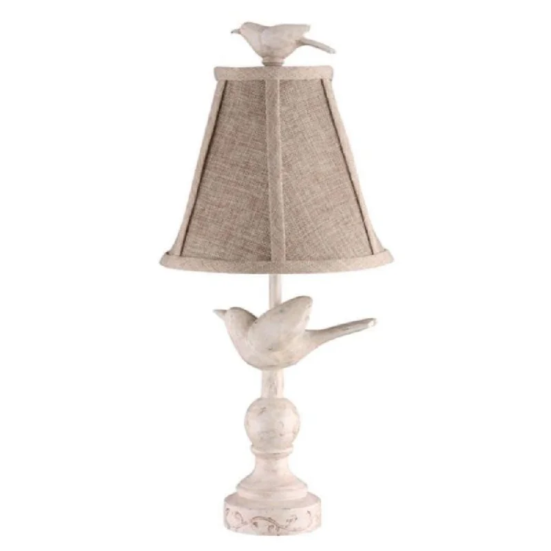 15" Beige Distressed Bird Table Lamp With Brown Empire Shade