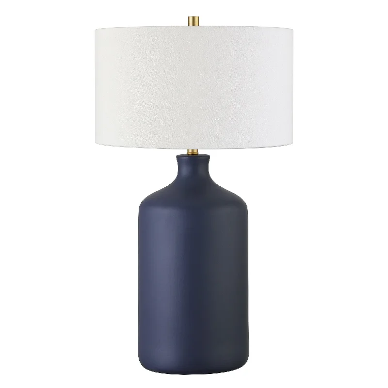 29" Navy Blue Ceramic Table Lamp With White Drum Shade