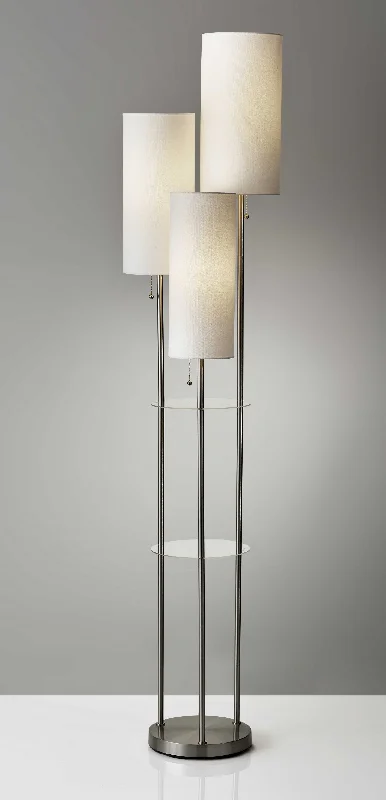 68" Steel Three Light Floor Lamp With White Linen Cylinder Shades