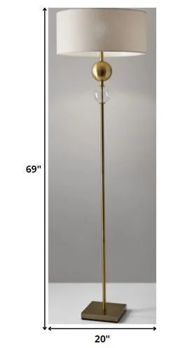 69" Brass Steel and Glass Floor Lamp With Off White Fabric Drum Shade