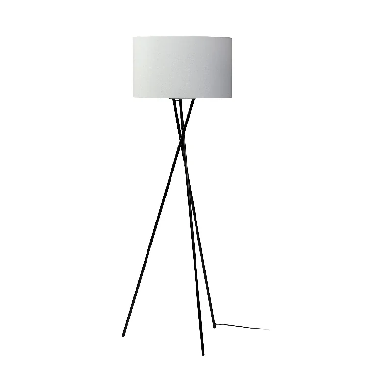 66" Black Tripod Floor Lamp With White Fabric Drum Shade