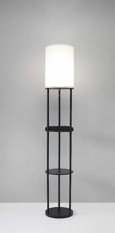 Black Wood Floor Lamp With Circular Usb Charging Station Shelf