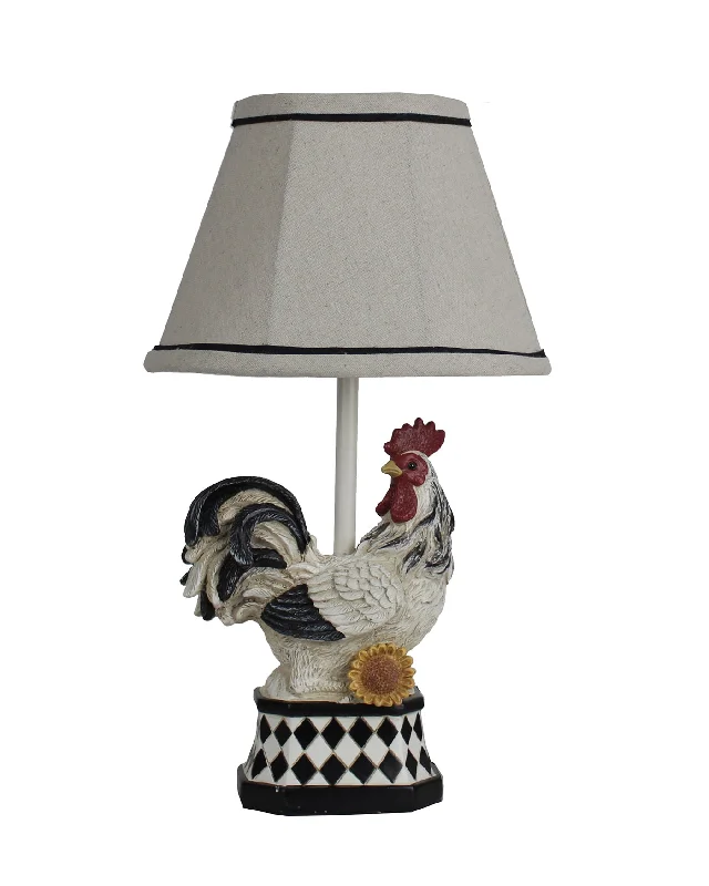 White And Black Rooster With Sunflower And Harlequin Patterned Accent Lamp