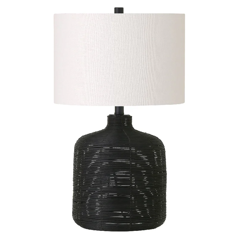 20" Black Rattan Table Lamp With White Drum Shade