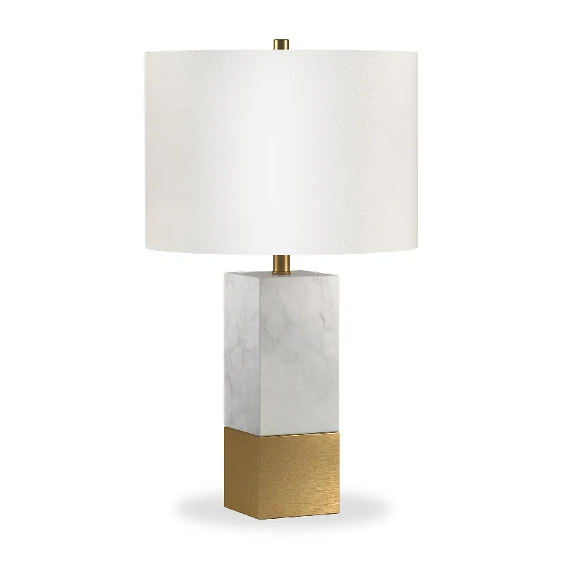 21" Gold and White Marble Table Lamp With White Drum Shade