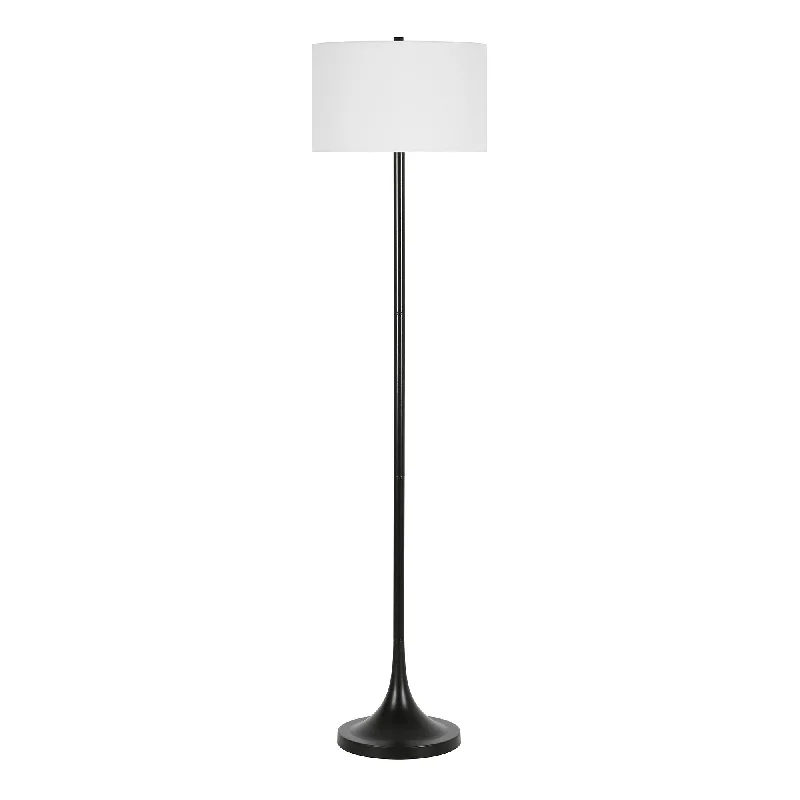 62" Black Floor Lamp With White Fabric Drum Shade