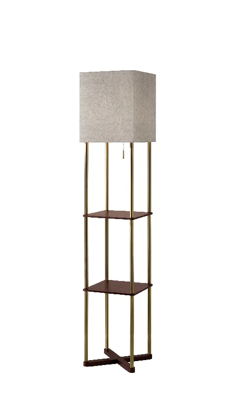 62" Brass Column Floor Lamp With Gray Fabric Square Shade