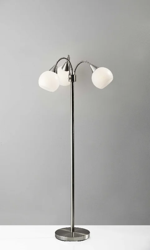 66" Silver Three Light Tree Floor Lamp With White Bowl Shades