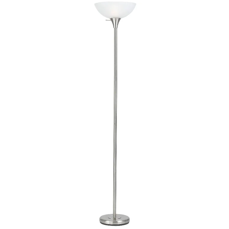 70" Nickel Torchiere Floor Lamp With White Frosted Glass Dome Shade