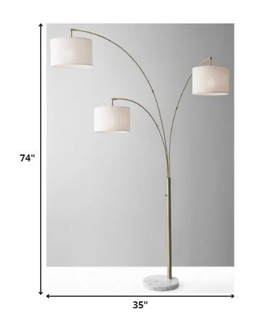 74" White Three Light Adjustable Led Tree Floor Lamp With Gray Drum Shade