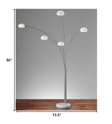 86" Steel Five Light Tree Floor Lamp With White Glass Dome Shade